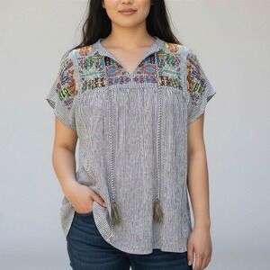 Jodifl Embroidered Striped Peasant Blouse Womens Small Black White Boho Tassel